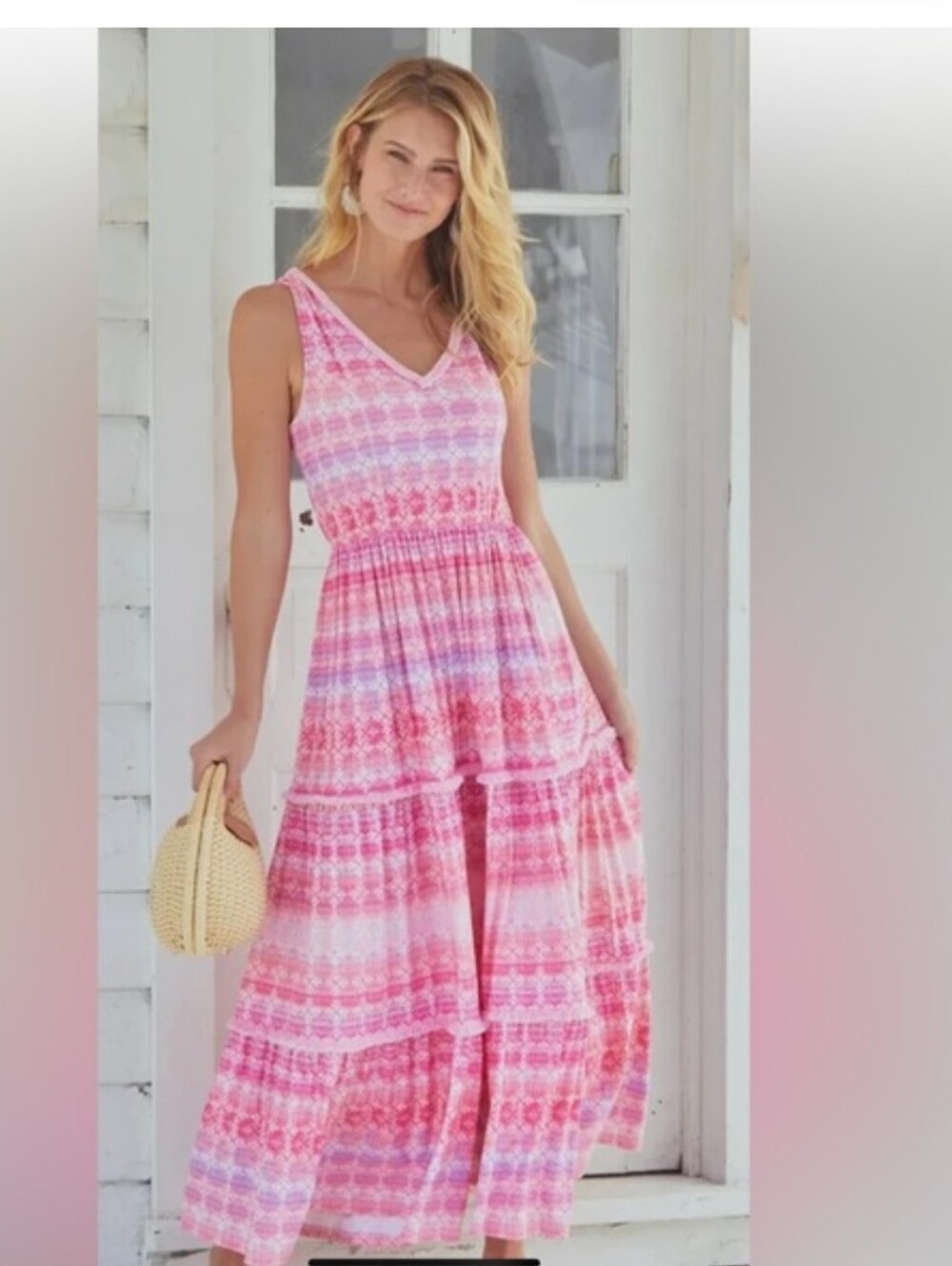 Cabana Life Pink Multi-Pattern Tiered Maxi Dress Size L